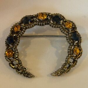 Vintage 1930s-40s Crescent Moon Brooch – Yellow & Blue Rhinestones